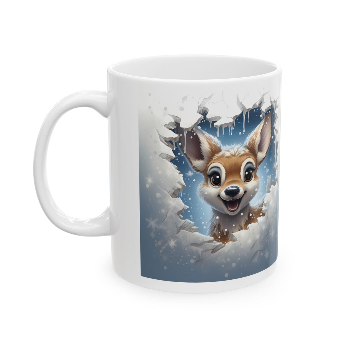 Adorable Deer-Themed Mug – Sublimation Design Featuring a Cute 3D-Like Illustration of a Cheerful Deer Peeking Through a Snowy Scene, Perfect for Holiday Beverages and Winter Celebrations.