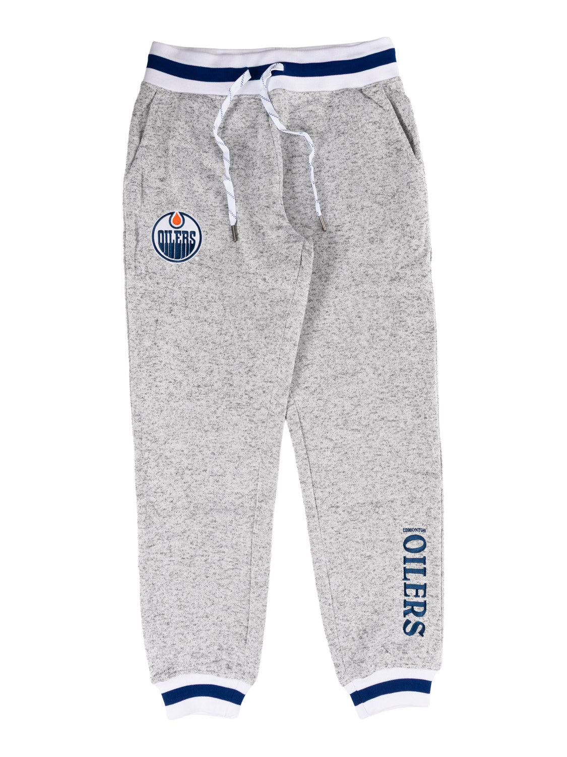 Gray jogger pants with Edmonton Oilers logo on a white background
