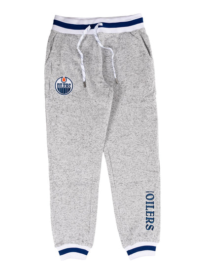 Gray jogger pants with Edmonton Oilers logo on a white background