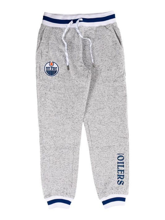 Gray jogger pants with Edmonton Oilers logo on a white background