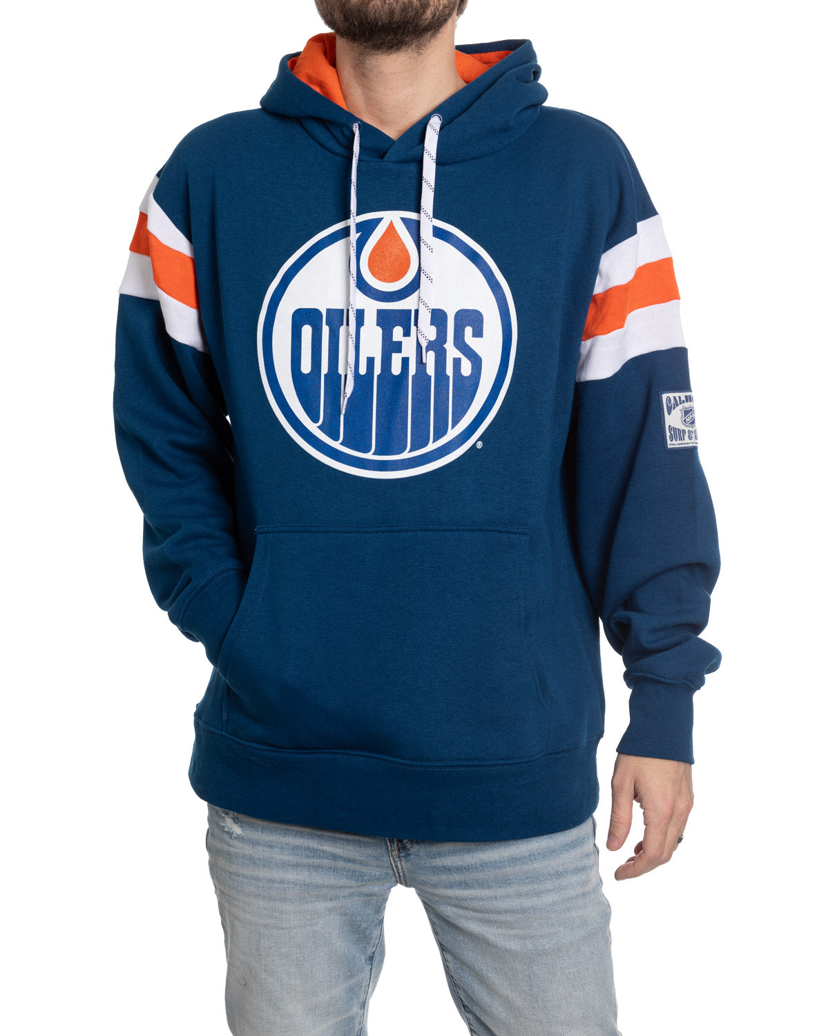 Blue hoodie with a logo on a white background