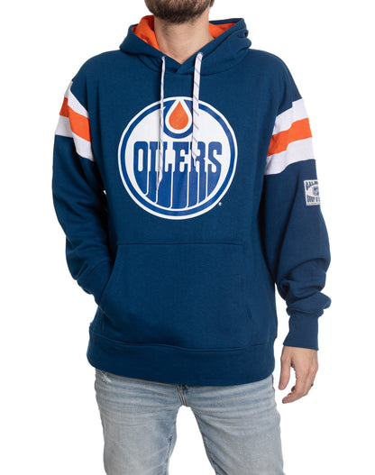 Blue hoodie with a logo on a white background