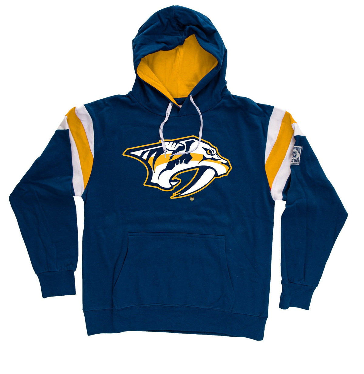 Blue hoodie with yellow lining and a logo on a white background