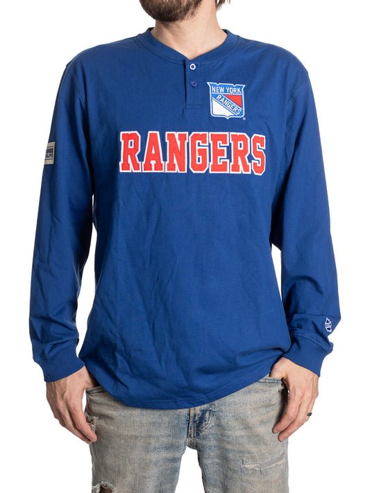 Blue long-sleeve shirt with 'Rangers' text and logo on a white background