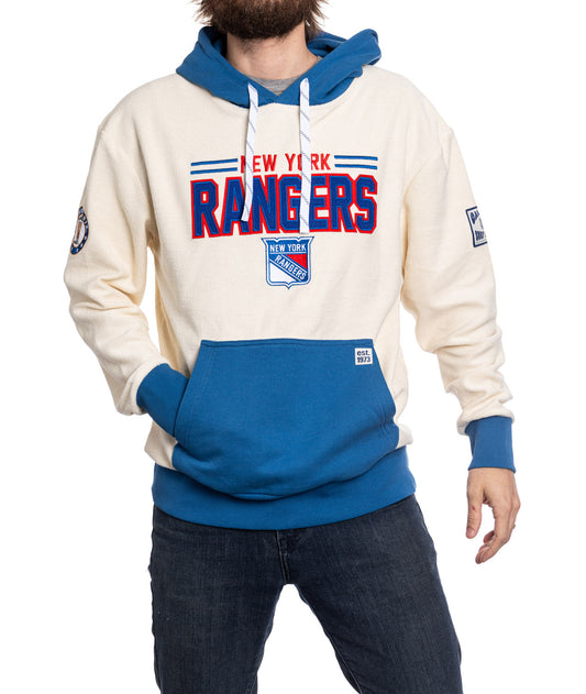 New York Rangers hoodie with blue and red design on a white background