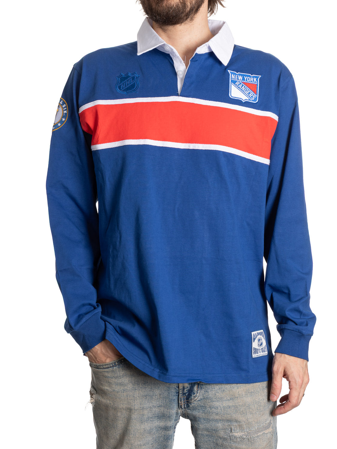 Blue rugby shirt with red and white stripes featuring a logo on a white background