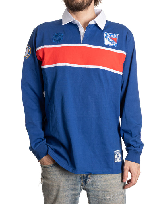 Blue rugby shirt with red and white stripes featuring a logo on a white background