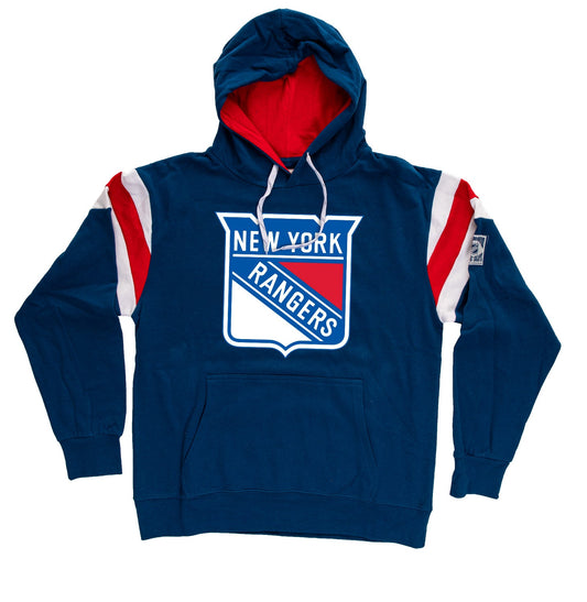 Blue hoodie with New York Rangers logo on a white background