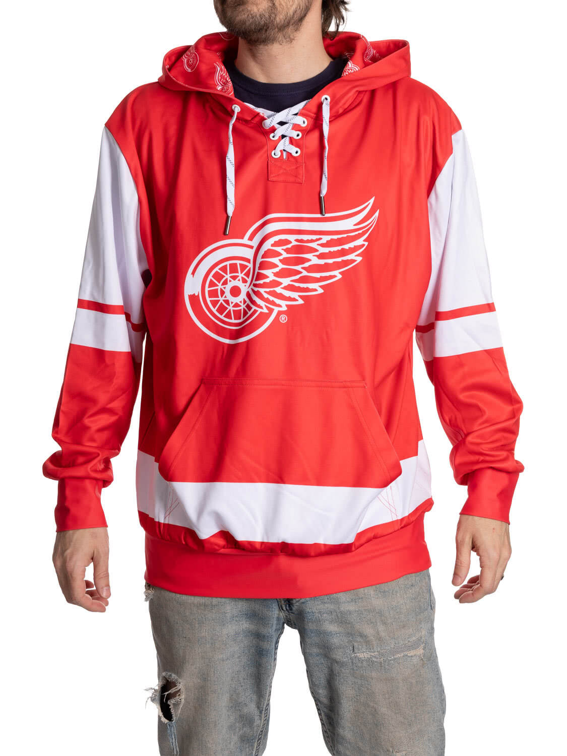 Red and white hockey jersey with a logo on a white background