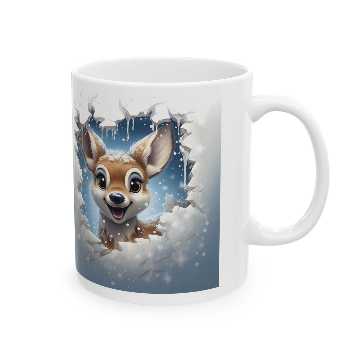 Adorable Deer-Themed Mug – Sublimation Design Featuring a Cute 3D-Like Illustration of a Cheerful Deer Peeking Through a Snowy Scene, Perfect for Holiday Beverages and Winter Celebrations.