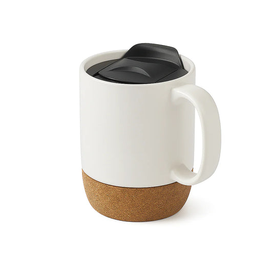 Custom 12oz Ceramic Mug with Cork Base & Black Lid