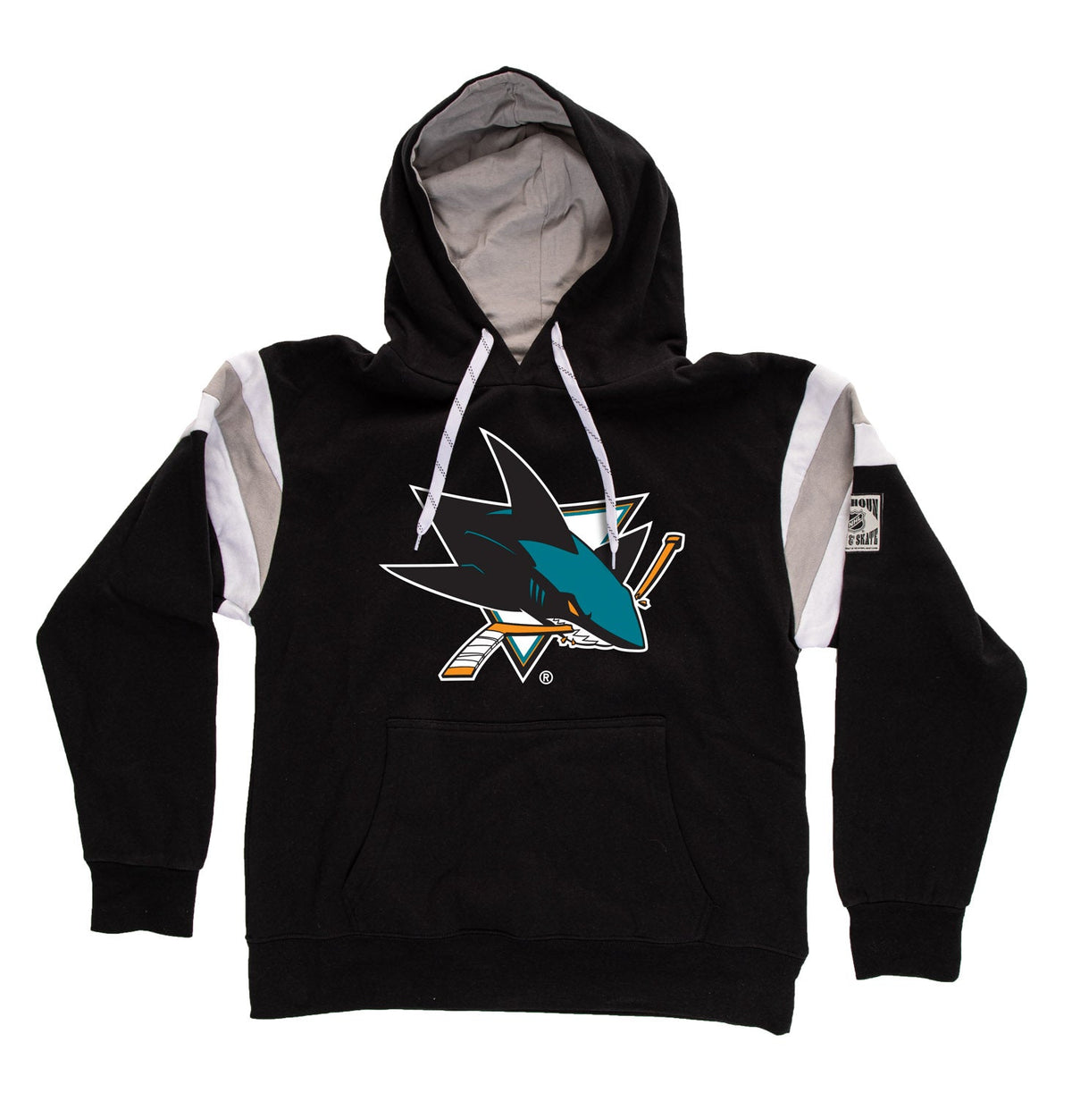Black hoodie with sports team logo on a white background