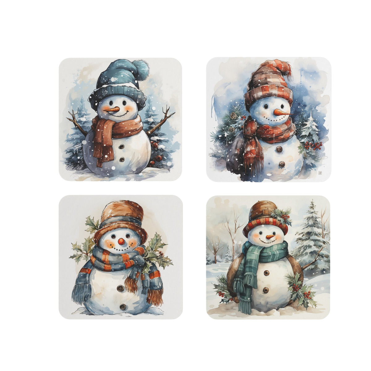 Set of 4 Adorable Snowman-Themed Christmas Coasters – Festive Sublimation Designs Featuring Snowmen in Winter Scenes with Scarves, Hats, and Holiday Decorations, Perfect for Seasonal Home Décor and Gifting.