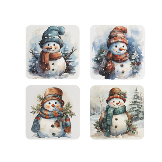 Set of 4 Adorable Snowman-Themed Christmas Coasters – Festive Sublimation Designs Featuring Snowmen in Winter Scenes with Scarves, Hats, and Holiday Decorations, Perfect for Seasonal Home Décor and Gifting.