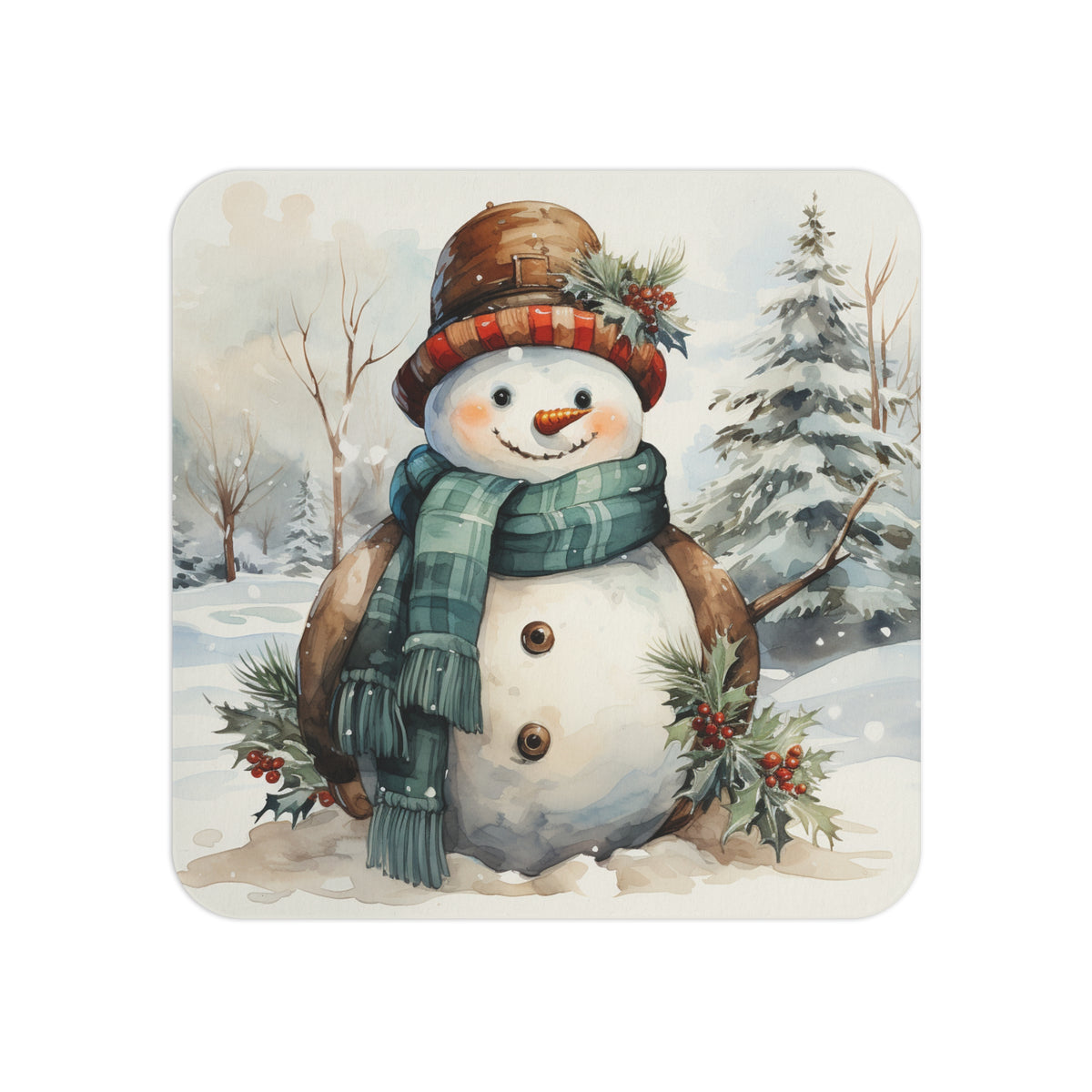 Festive Snowman-Themed Christmas Coaster – Sublimation Design Featuring a Snowman with a Plaid Scarf, Hat, and Holiday Greenery in a Wintery Scene, Perfect for Seasonal Décor and Gifting