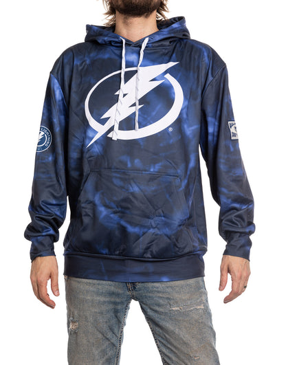 Blue tie-dye hoodie with a lightning bolt logo on a white background