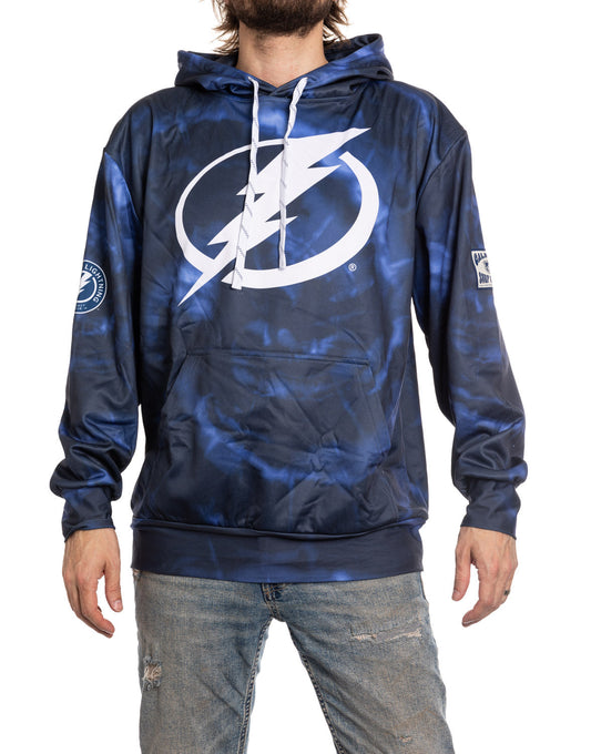 Blue tie-dye hoodie with a lightning bolt logo on a white background