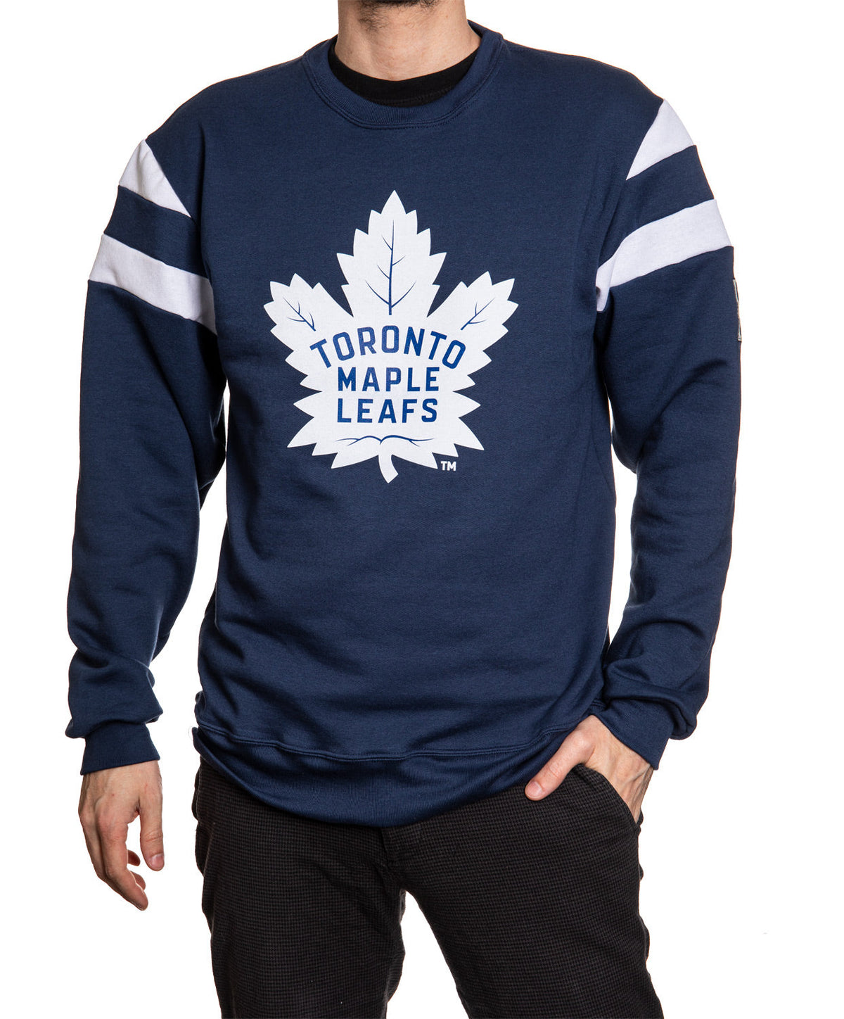 Navy blue sweatshirt with Toronto Maple Leafs logo on a white background