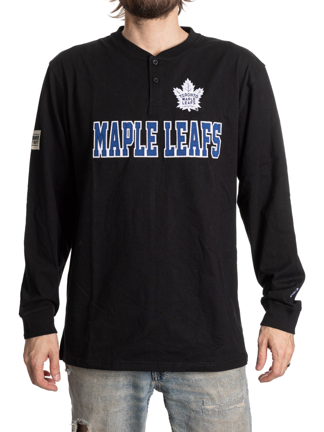 Black long-sleeve shirt with 'Maple Leafs' text and logo on a white background