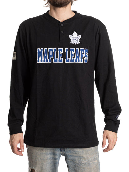 Black long-sleeve shirt with 'Maple Leafs' text and logo on a white background