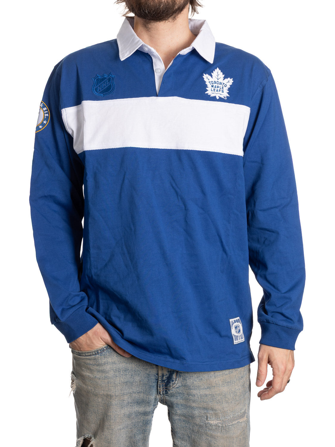 Blue and white sports jersey with logos on a white background