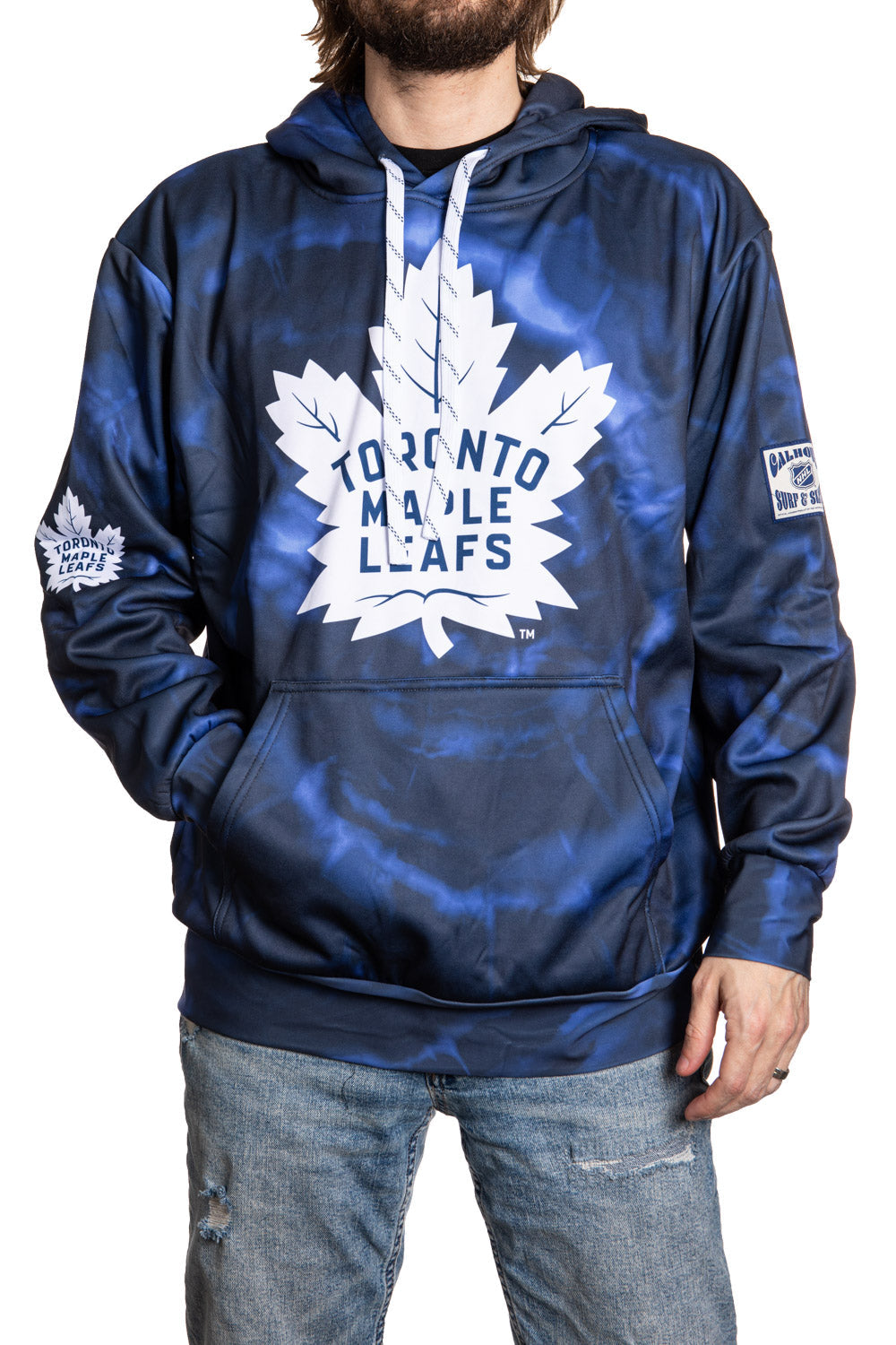Blue hoodie with Toronto Maple Leafs logo worn by a person