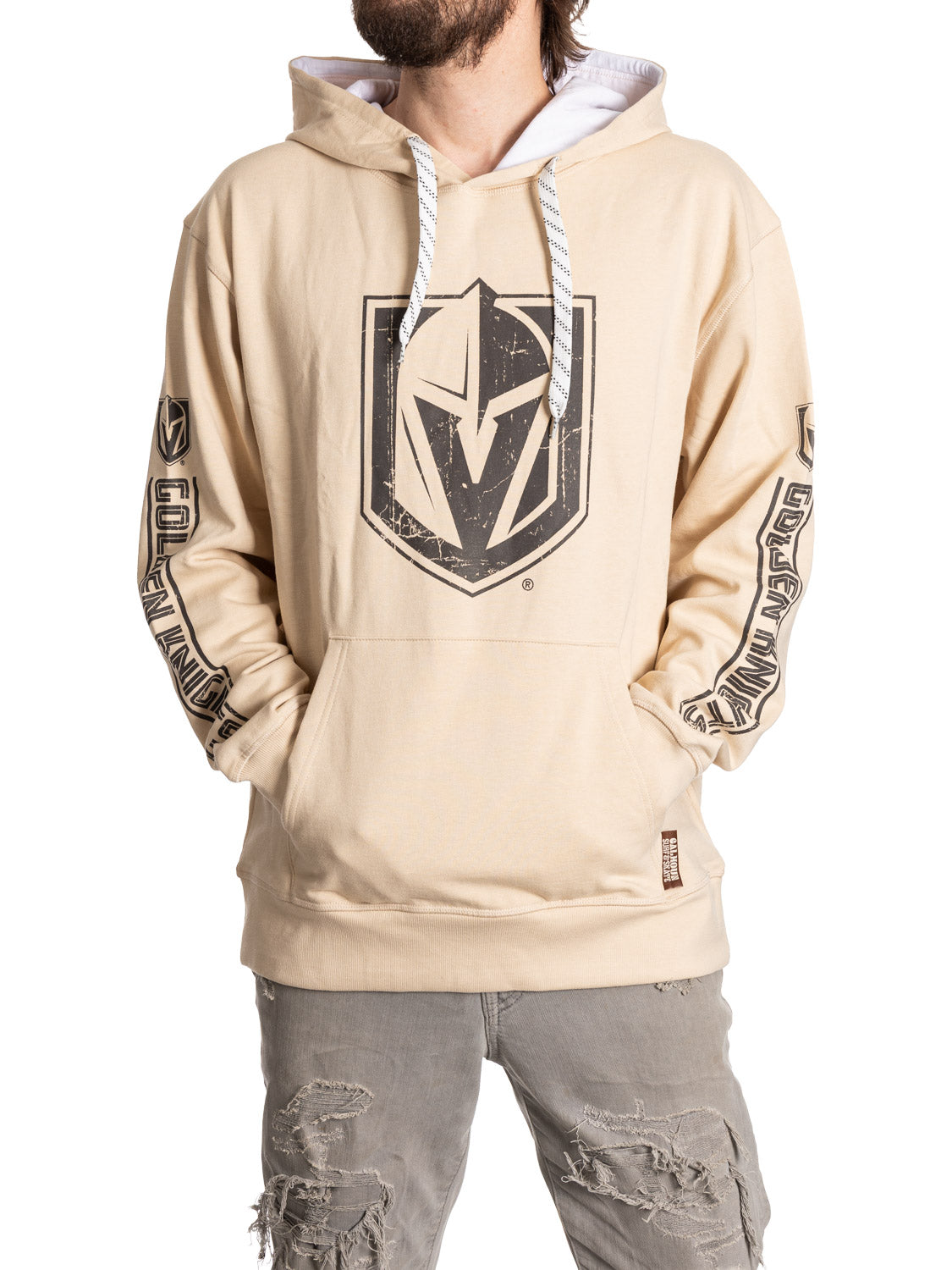 Beige hoodie with a logo on a white background