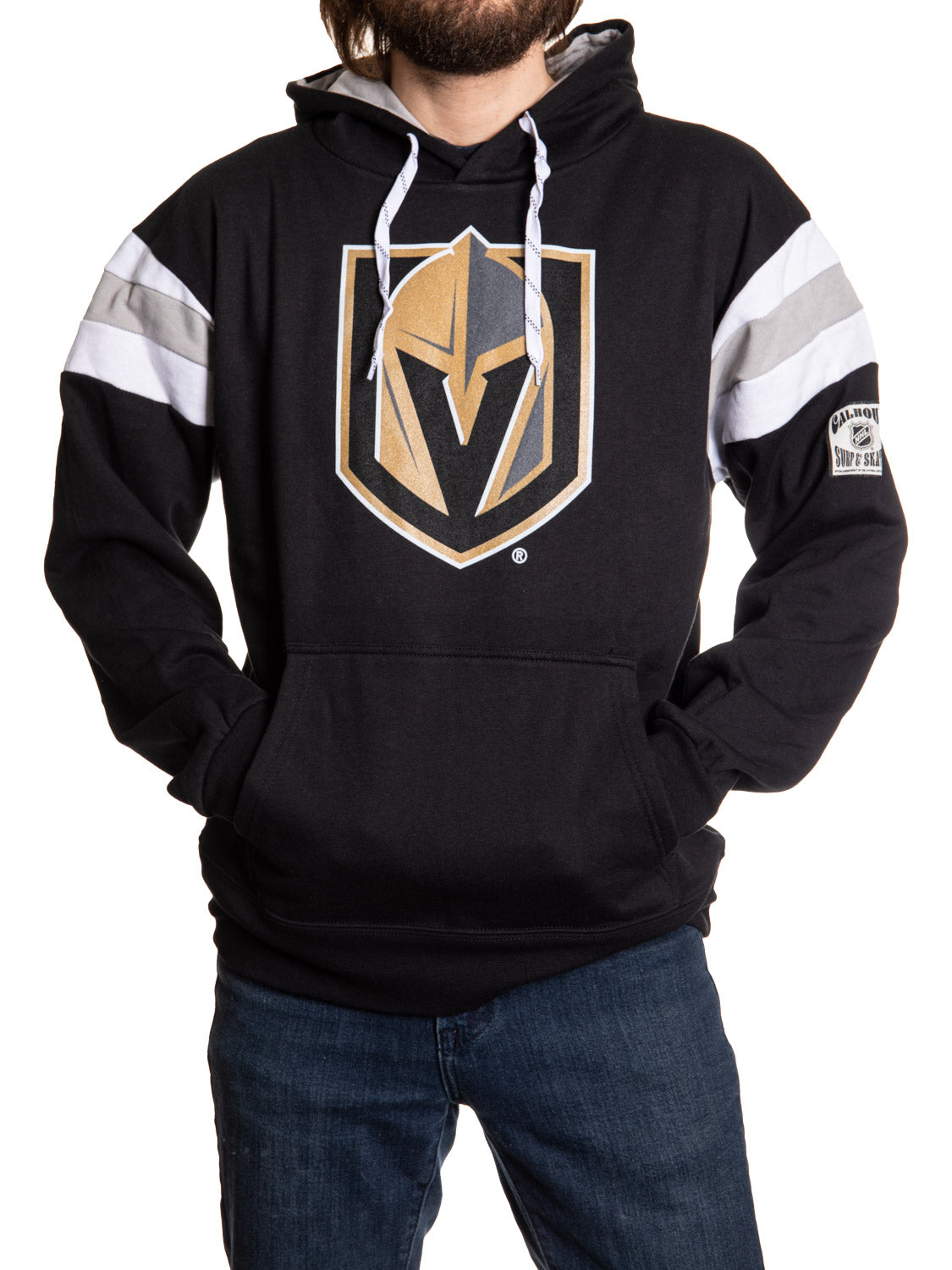 Black hoodie with a sports team logo on a white background