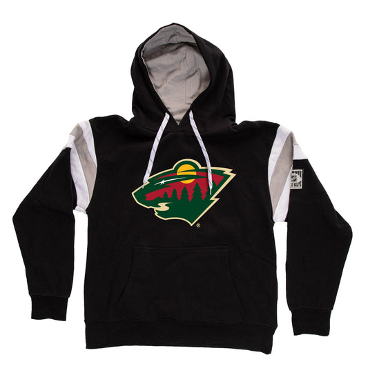 Black hoodie with a sports team logo on a white background