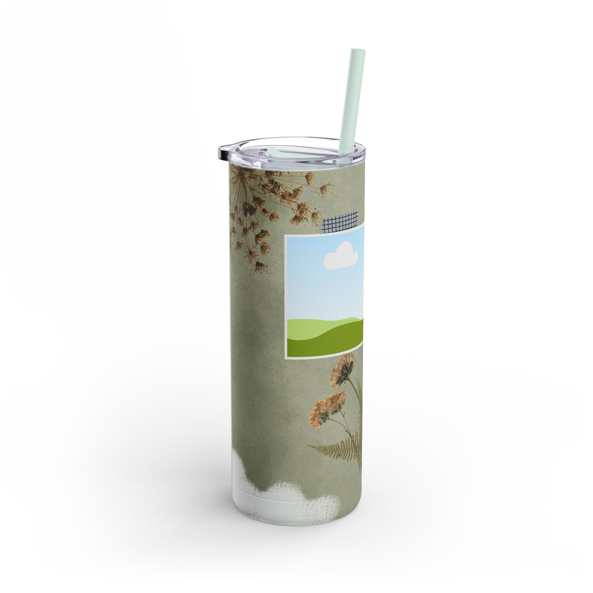 A set of three stainless steel tumblers with reusable straws and clear lids. The design features an earthy green background accented with subtle white paintbrush strokes. Each tumbler includes placeholders for scenic photos with green hills and blue skies. Hand-drawn wildflowers, daisies, and delicate ferns add a natural, rustic charm, while one tumbler features the uplifting phrase "Today is a good day" in elegant script. The design evokes a serene, nature-inspired theme perfect for personalization.