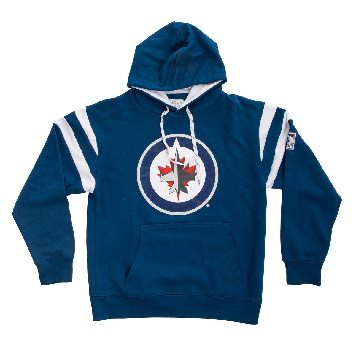 Blue hoodie with a logo on a white background
