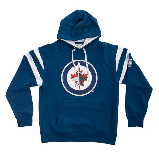 Blue hoodie with a logo on a white background