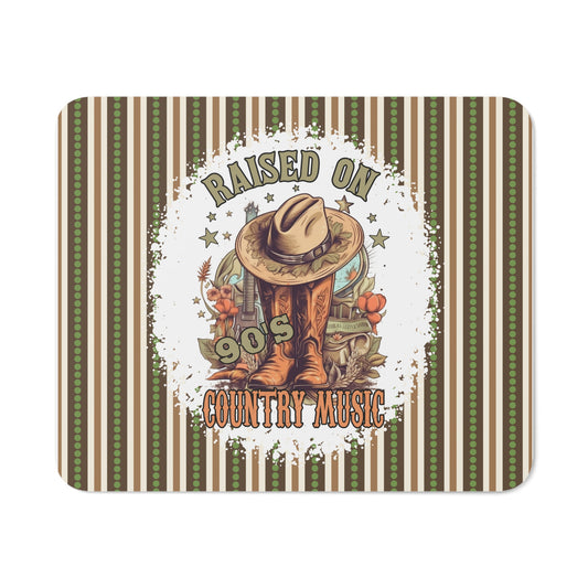 Country Music Mouse Pad – 'Raised on 90's Country Music' Design Featuring Cowboy Hat, Boots, and Rustic Accents. A Nostalgic and Stylish Addition to Any Desk Setup!
