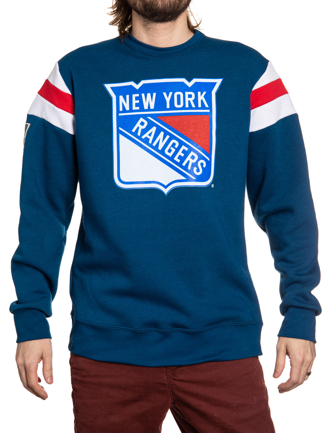 Blue New York Rangers sweatshirt worn by a person on a white background
