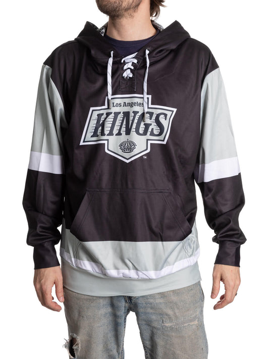 Los Angeles Kings hoodie worn by a person on a white background
