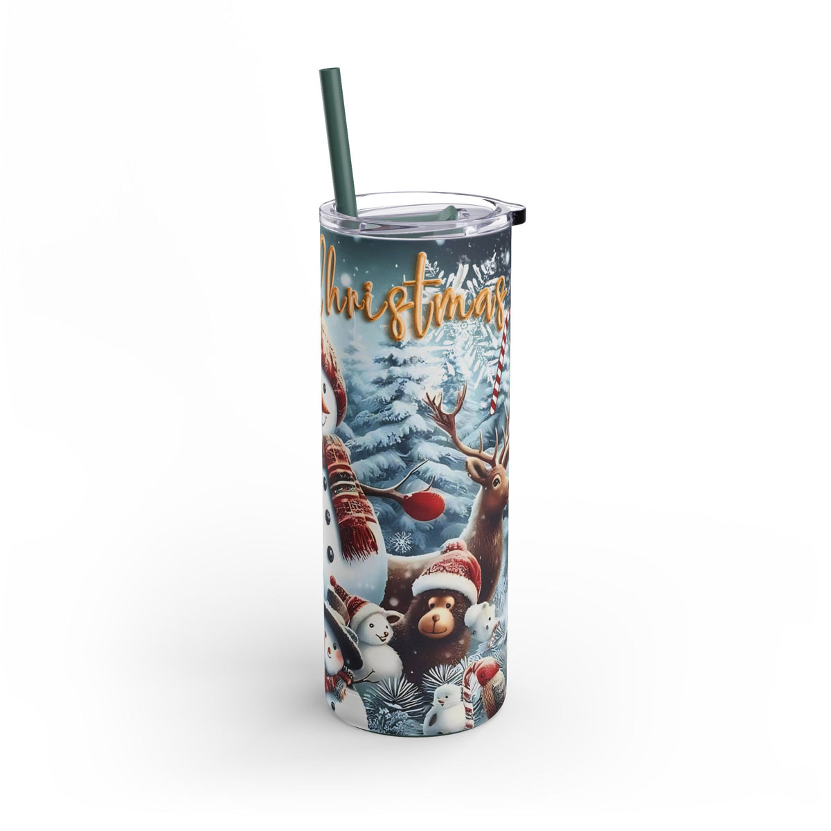 Festive 20oz sublimation tumbler featuring a cheerful snowman, reindeer, and winter wonderland scene with the text 'Merry Christmas.' Double-walled for hot or cold beverages, this tumbler includes a reusable straw, making it the perfect holiday gift or accessory for spreading seasonal cheer.