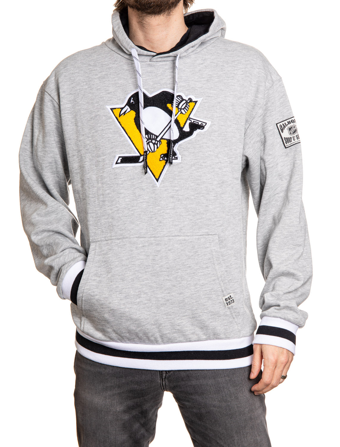 Gray hoodie with a sports team logo on a white background