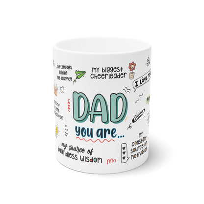 Thoughtful 'Dad/Papá' Mug – Sublimation Design Featuring Heartfelt Messages Like 'My Source of Strength' and 'Epitome of Hard Work and Dedication,' with Playful Illustrations, Perfect Gift for Fathers in Both English and Spanish.