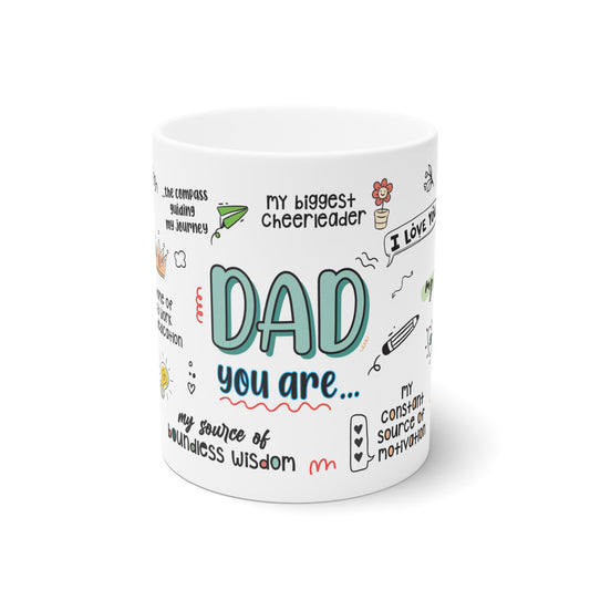 Thoughtful 'Dad/Papá' Mug – Sublimation Design Featuring Heartfelt Messages Like 'My Source of Strength' and 'Epitome of Hard Work and Dedication,' with Playful Illustrations, Perfect Gift for Fathers in Both English and Spanish.