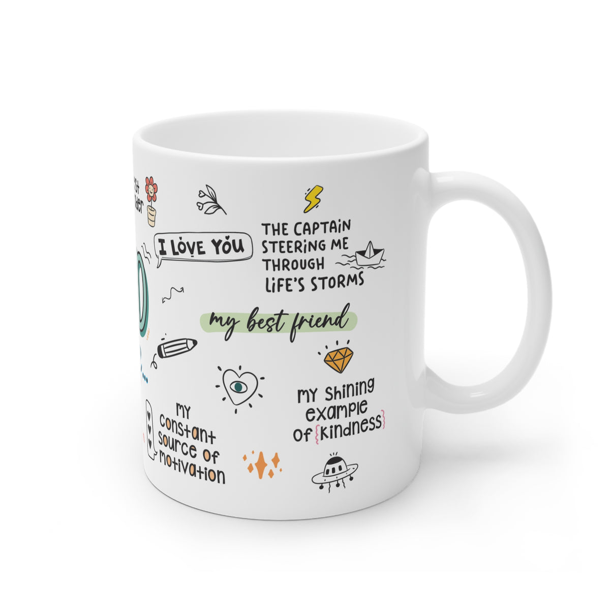 Thoughtful 'Dad/Papá' Mug – Sublimation Design Featuring Heartfelt Messages Like 'My Source of Strength' and 'Epitome of Hard Work and Dedication,' with Playful Illustrations, Perfect Gift for Fathers in Both English and Spanish.
