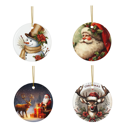 Christmas Ornament Set 'Snowman, Santa Claus, Reindeer & Gift Scene,'
