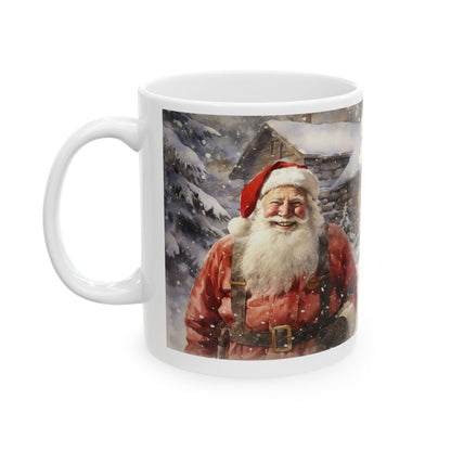 Vintage Santa Claus Mug – Sublimation Ceramic Design in 11oz and 15oz Sizes, Featuring a Classic Christmas Scene with Snowy Cabin and Cheerful Santa, Perfect for Holiday Gifting.