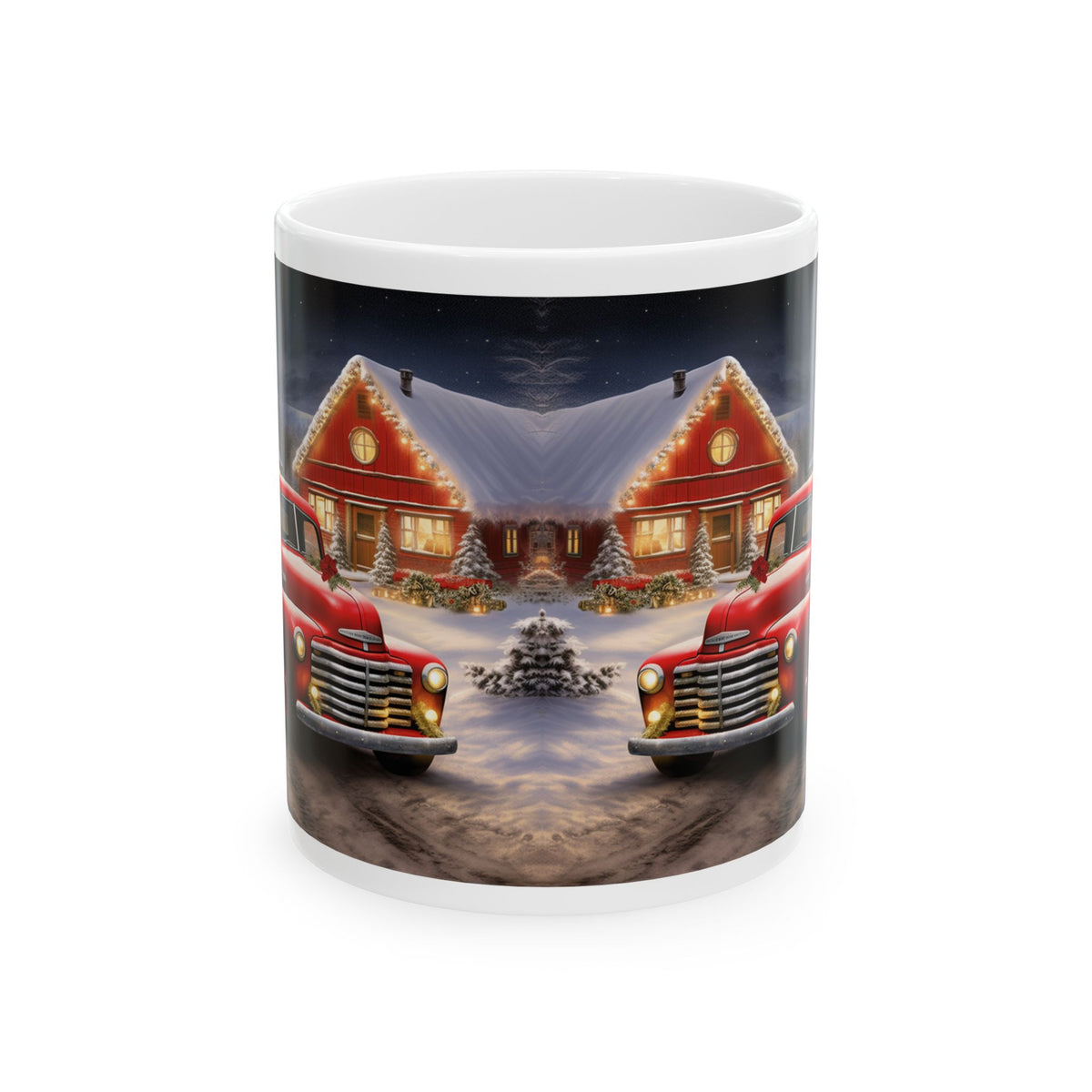 Festive Christmas Mug – Sublimation Design Featuring a Classic Red Truck in a Snowy Scene with a Decorated Christmas Tree and Cozy Cabin, Perfect for Holiday Drinks and Seasonal Cheer.